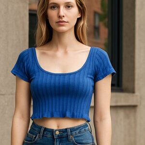 Aerie Offline Women's S Square Neck Lettuce Hem Ribbed Crop Top in Blue